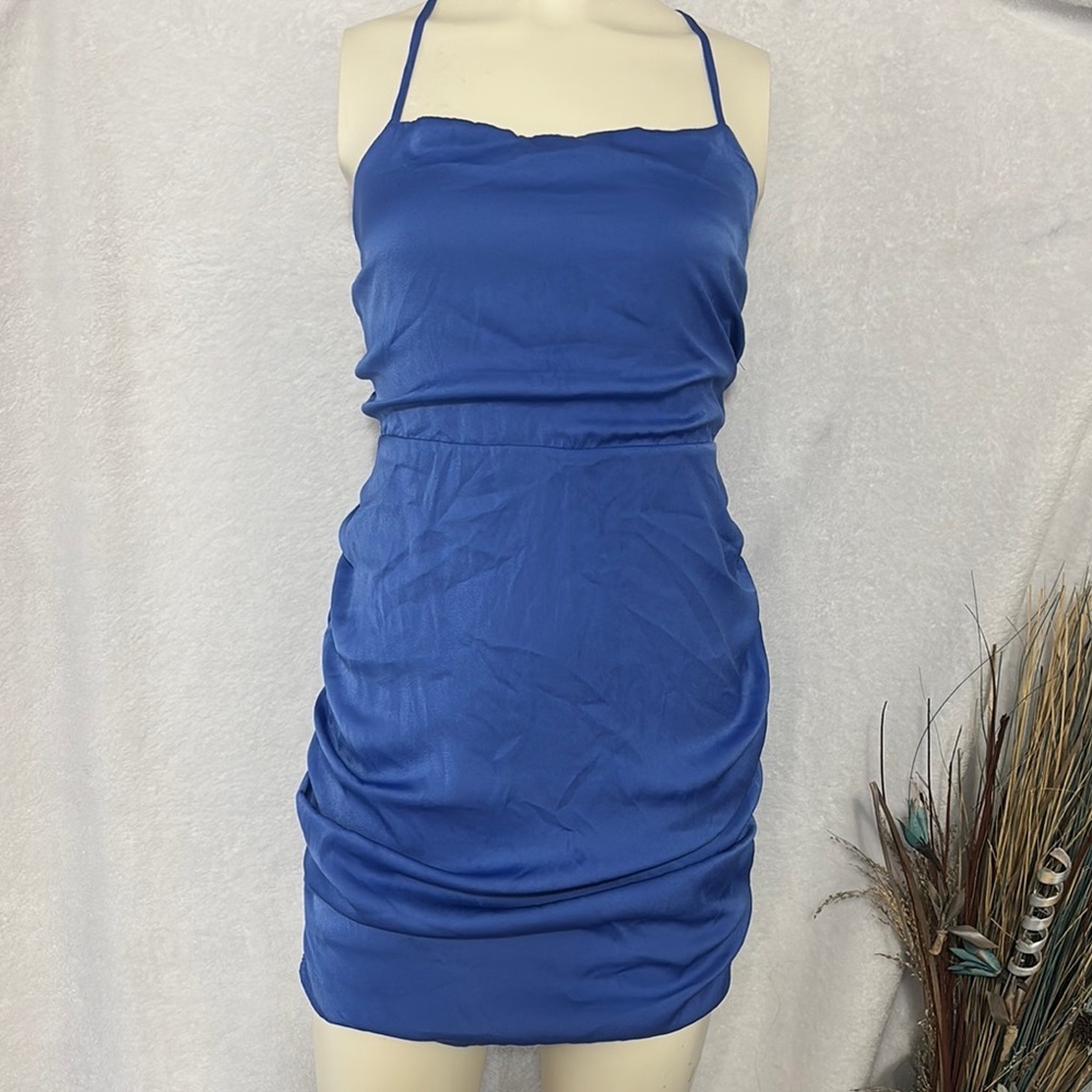 Blue Mini Dress Crisscross Back Sleeveless Ruched Bodycon Party Cocktail